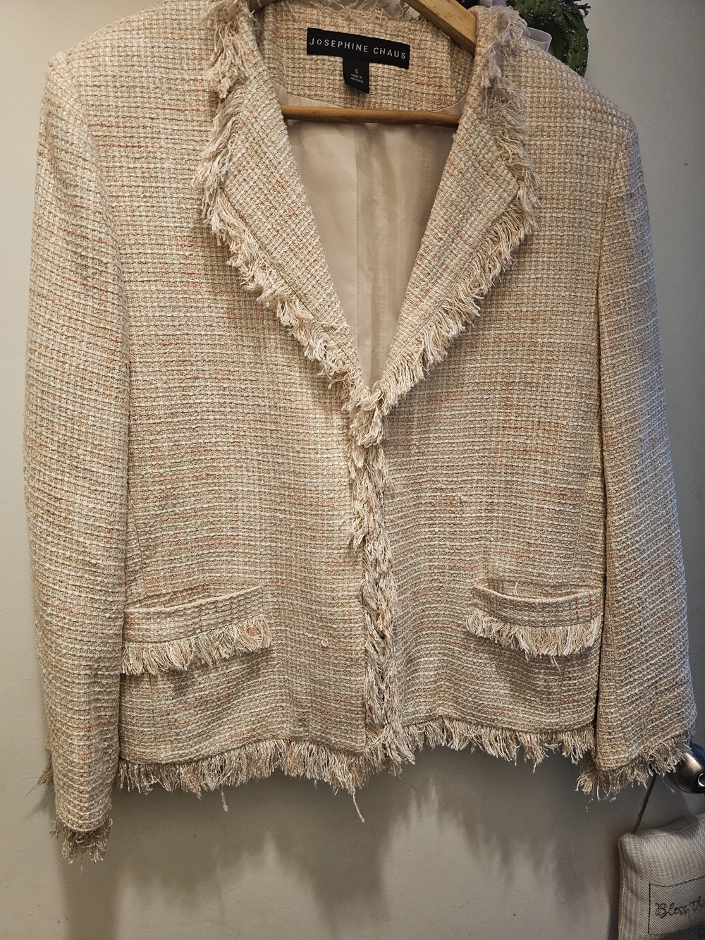 Vintage Josephine Chais Silk Blend Tweed Fringe Blazer Pale Pink SZ 10 Indie